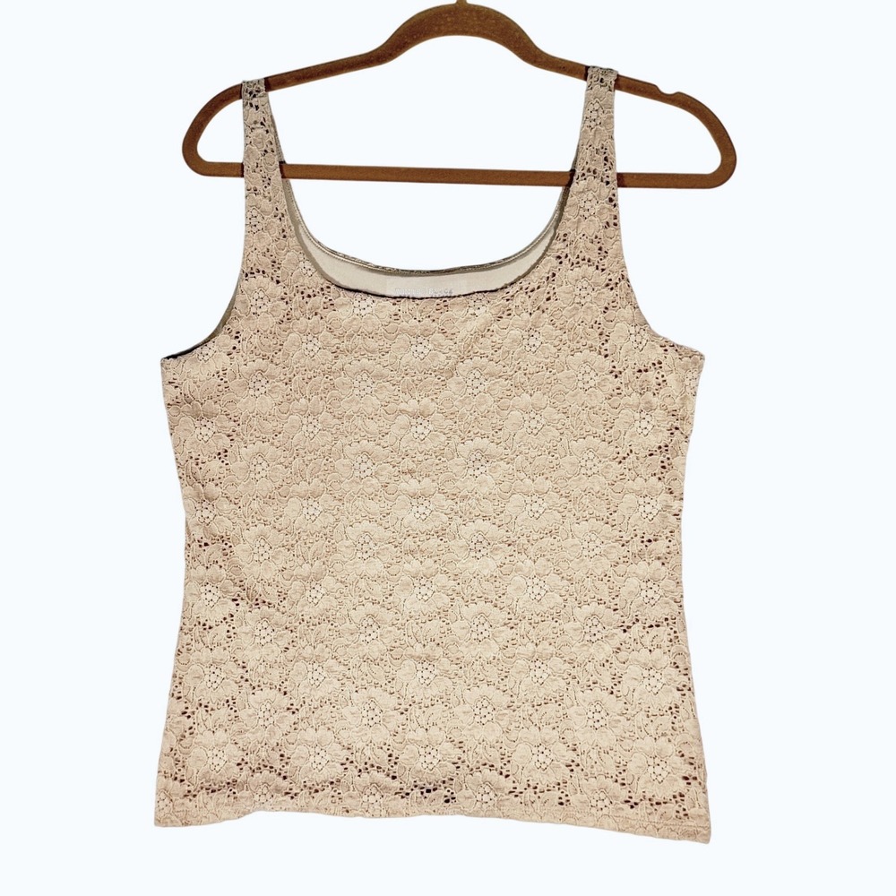Floral Stretchy Lace Tank Top Tan Deep Scoop Neck‎ Fitted Y2K layered coquette